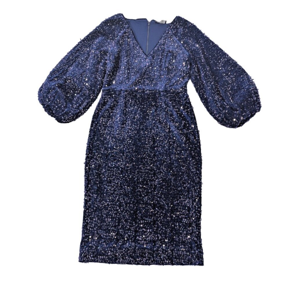 ELIE TAHARI Nwt Chenille Velvet Sequin Dress 8 Midnight Blue Blouson The Robin